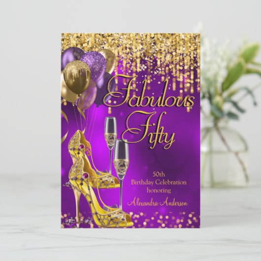 Fantastische 50e Paarse hakken Glitter Gold Champa Kaart (Staand voorkant)