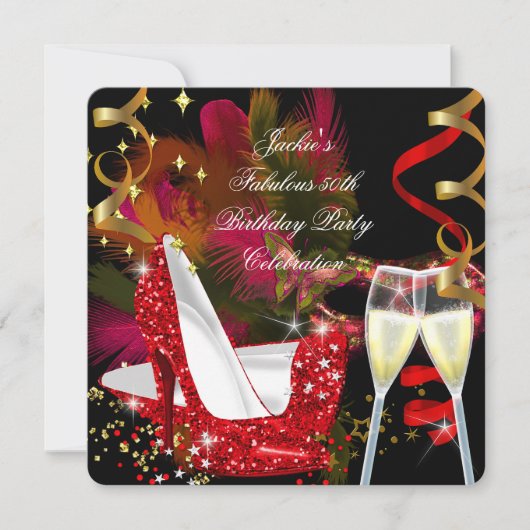 Fantastische 50e Red Gold Glitter High Hiel Party Kaart (Voorkant)