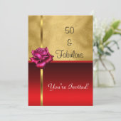 Fantastische 50e verjaardag gouden rode bloem kaart (Staand voorkant)