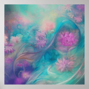 Fantastische Abstracte bloemen in roze en Aqua Wav Poster