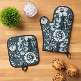 FANTASTISCHE BLOEMEN FIJNE KUNST IN TEAL OVENWANT & PANNENLAP SET