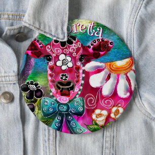 Fantastische Bloemkoe Roze Teal Zwart Persoonlijk Ronde Button 6,0 Cm