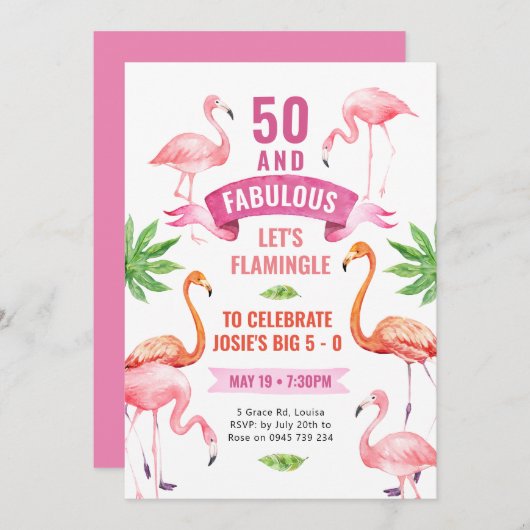 Fantastische flamingo uitnodiging, Tropische flami Kaart (Voorkant / Achterkant)