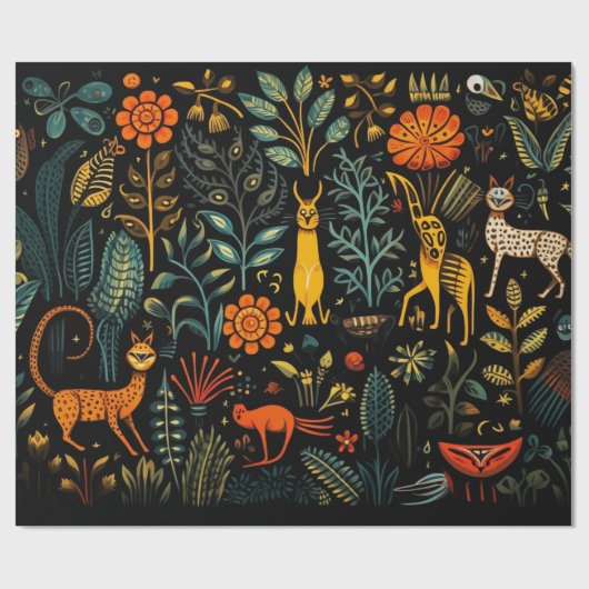 Fantastische flora en fauna op een donkere achterg cadeaupapier (Vlak)