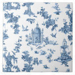 Fantastische fonteinen en bomen in toile-Blue Tegeltje<br><div class="desc">Historisch naadloos aanpassen van een John Munn English gegraveerd met een textielpatroon van de jouy ca. 1770's met een klassiek monument voor Shakespeare, fonteinen, vogels en exotische floralen. Blauw op witte achtergrond.</div>