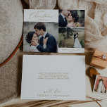 Fantastische gouden kerstbruiloft Foto: Bedankt Ho Feestdagenkaart<br><div class="desc">Deze delicate kersttrouwfoto bedankt voor je feestkaart is de perfecte moderne feestelijke groet voor nieuwigheden. Het romantische minimalistische ontwerp is voorzien van een mooie en elegante gouden champagne-gele typografie op een witte achtergrond met een schone en eenvoudige look. Pas de kaart aan met 3 foto's, uw namen en jaar. Schrijf...</div>