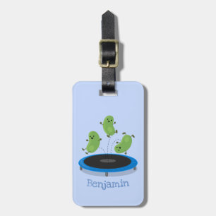 Fantastische groene bonen op trampoline-cartoon bagagelabel