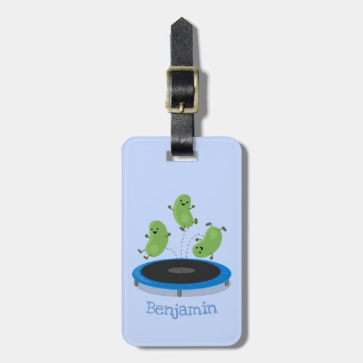 Fantastische groene bonen op trampoline-cartoon bagagelabel (Voorkant verticaal)