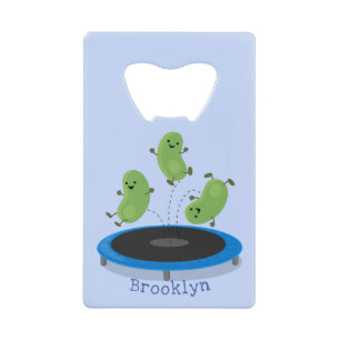 Fantastische groene bonen op trampoline-cartoon creditkaart flessenopener