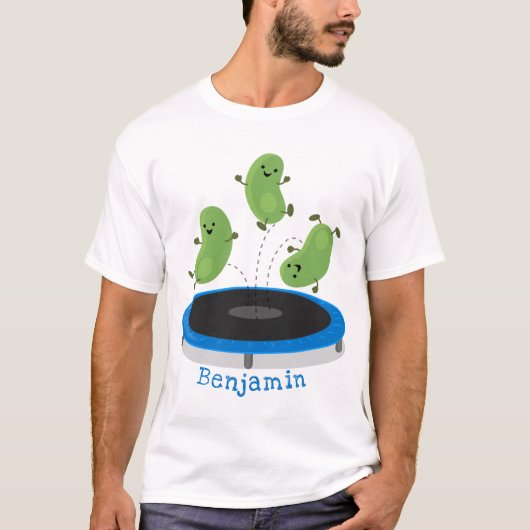 Fantastische groene bonen op trampoline-cartoon t-shirt (Voorkant)
