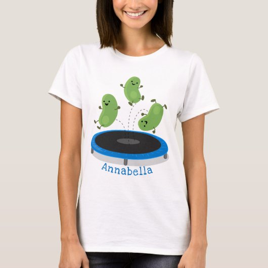 Fantastische groene bonen op trampoline-cartoon t-shirt (Voorkant)