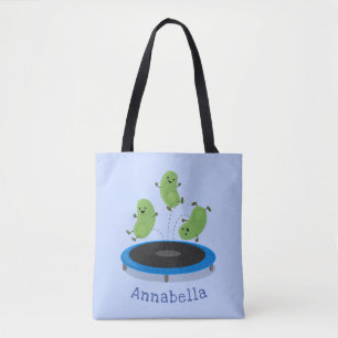 Fantastische groene bonen op trampoline-cartoon tote bag