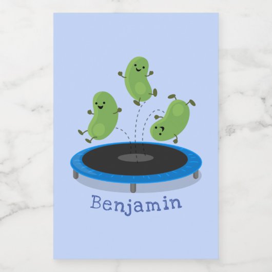 Fantastische groene bonen op trampoline-cartoon voedselcontainer etiket (Enkel label)