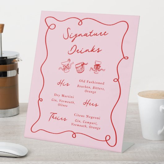 Fantastische handgetekende roze en rode signatured reclamebord met voetstuk (Insitu)