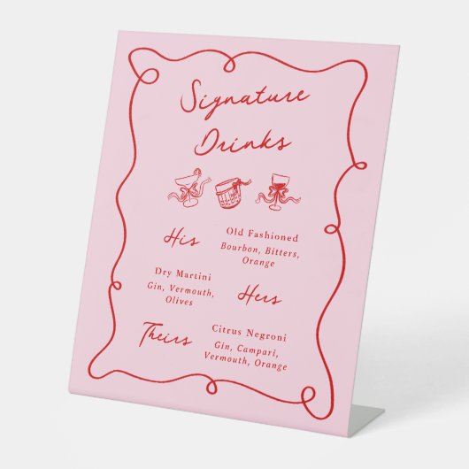 Fantastische handgetekende roze en rode signatured reclamebord met voetstuk (Voorkant)