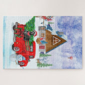 Fantastische hond in kerstcadeauwagen sneeuw legpuzzel (Horizontaal)