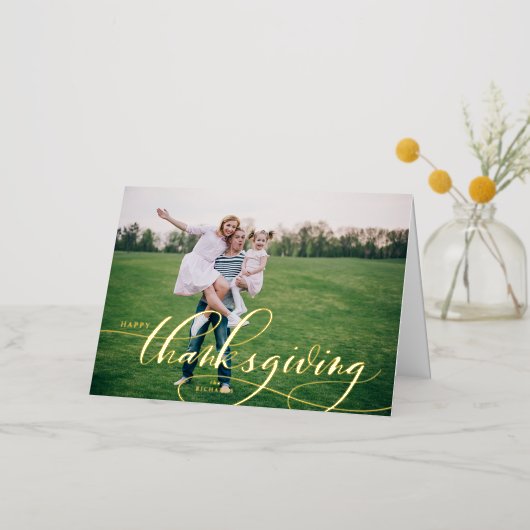 Fantastische kalligrafie Happy Thanksgiving Photo Folie Feestdagenkaart (Goud Bloem)