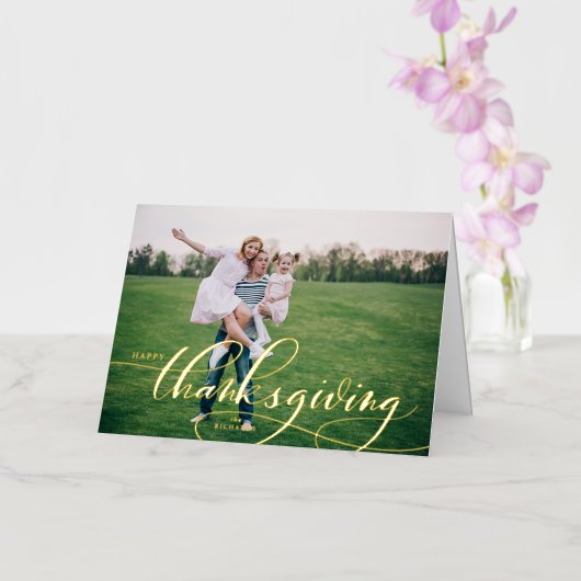 Fantastische kalligrafie Happy Thanksgiving Photo Folie Feestdagenkaart (Orchidee)