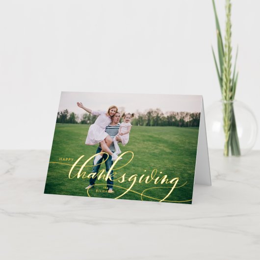 Fantastische kalligrafie Happy Thanksgiving Photo Folie Feestdagenkaart (Voorkant)