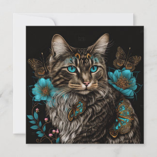 Fantastische kat met bloemen en vlinders AI-kunst