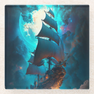 Fantastische kunst van het vliegende schip glazen onderzetter