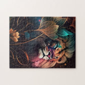 Fantastische, mooie leeuw met bloemen AI-kunst Legpuzzel (Horizontaal)