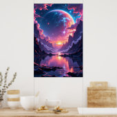 Fantastische planeet rijzend boven bergen en water poster (Keuken)