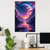 Fantastische planeet rijzend boven bergen en water poster (Thuiskantoor)