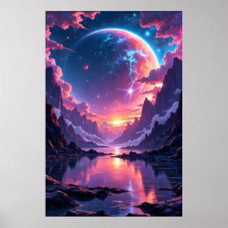Fantastische planeet rijzend boven bergen en water poster