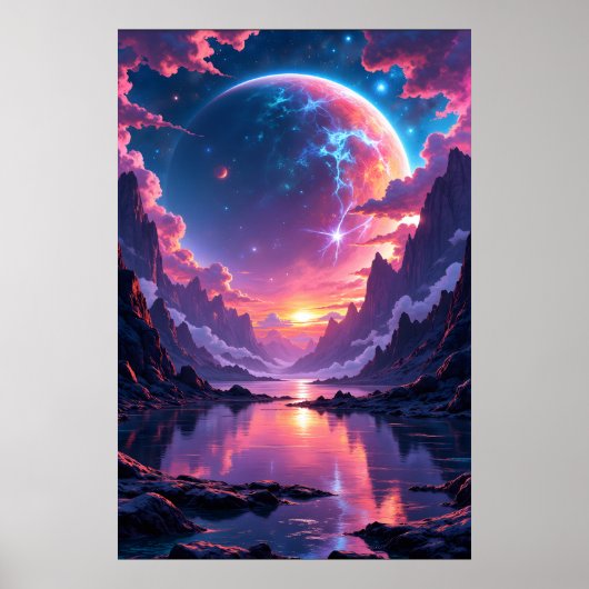 Fantastische planeet rijzend boven bergen en water poster (Voorkant)