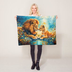 Fantastische romantische kunst van wilde leeuw en fleece deken