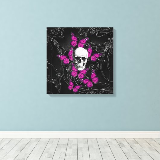 Fantastische schedel en hete roze vlinders canvas afdruk (Insitu (Houten vloer))