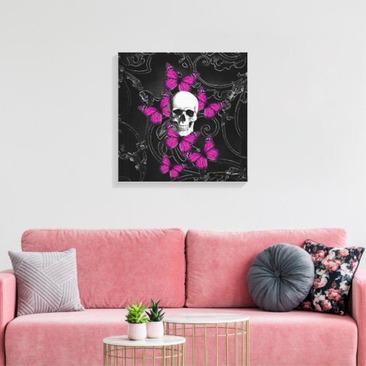 Fantastische schedel en hete roze vlinders canvas afdruk (Insitu (Woonkamer))