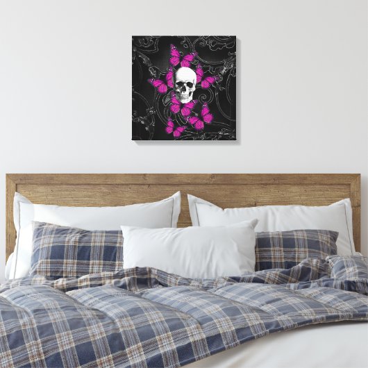 Fantastische schedel en hete roze vlinders canvas afdruk (Insitu (Slaapkamer))