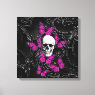 Fantastische schedel en hete roze vlinders canvas afdruk