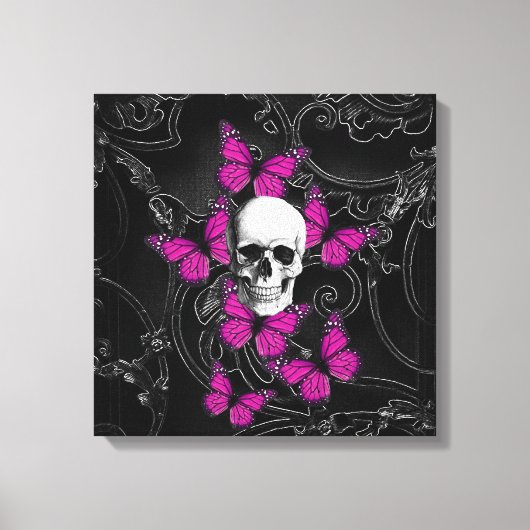 Fantastische schedel en hete roze vlinders canvas afdruk (Voorkant)