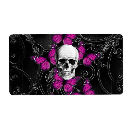 Fantastische schedel en hete roze vlinders etiket (Voorkant)
