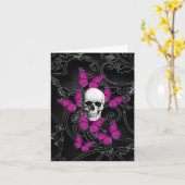 Fantastische schedel en hete roze vlinders kaart (Gele Bloem)