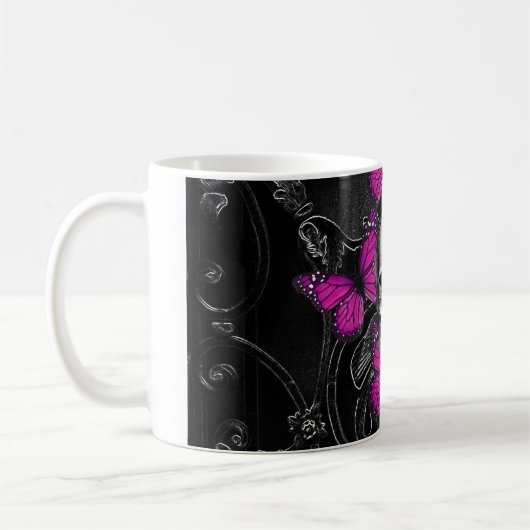 Fantastische schedel en hete roze vlinders koffiemok (Links)