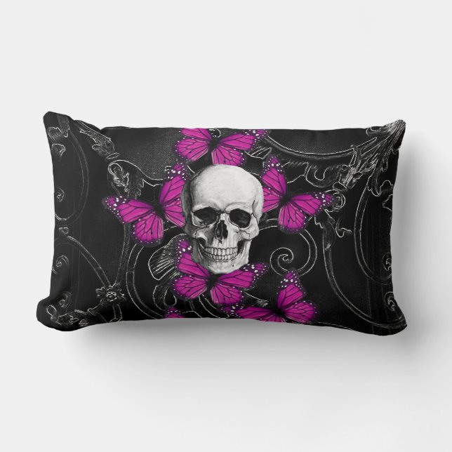 Fantastische schedel en hete roze vlinders kussen (Voorkant)