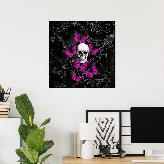 Fantastische schedel en hete roze vlinders poster (Thuiskantoor)