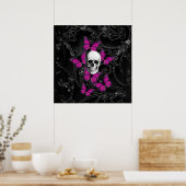 Fantastische schedel en hete roze vlinders poster (Keuken)