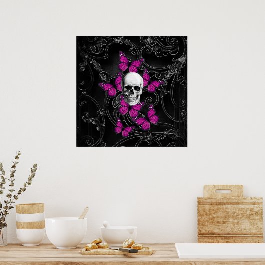 Fantastische schedel en hete roze vlinders poster (Keuken)