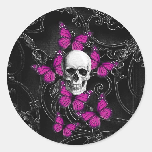Fantastische schedel en hete roze vlinders ronde sticker (Voorkant)