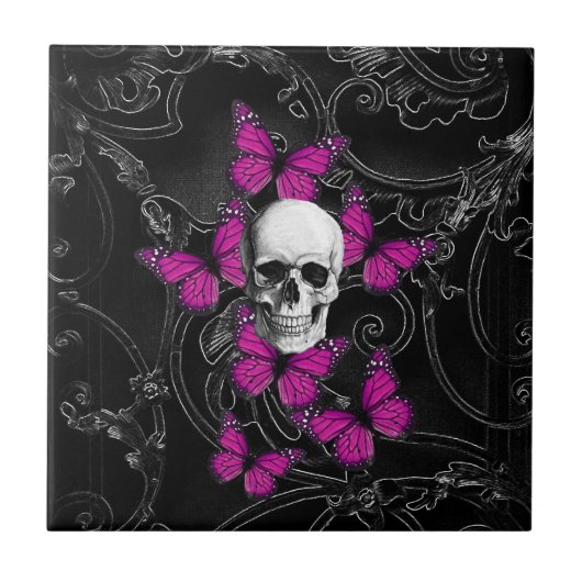 Fantastische schedel en hete roze vlinders tegeltje (Voorkant)