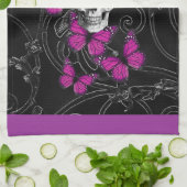 Fantastische schedel en hete roze vlinders theedoek (Gevouwen)