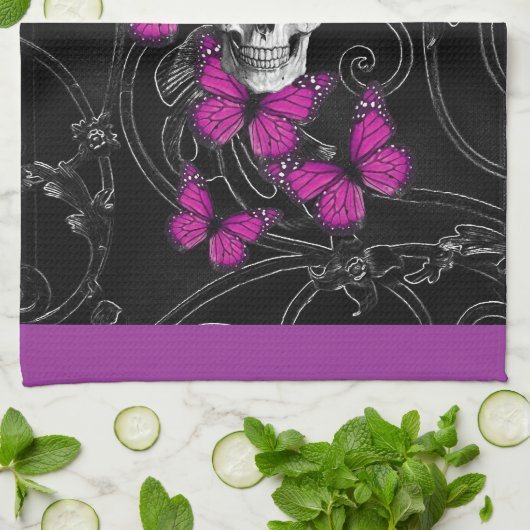 Fantastische schedel en hete roze vlinders theedoek (Gevouwen)
