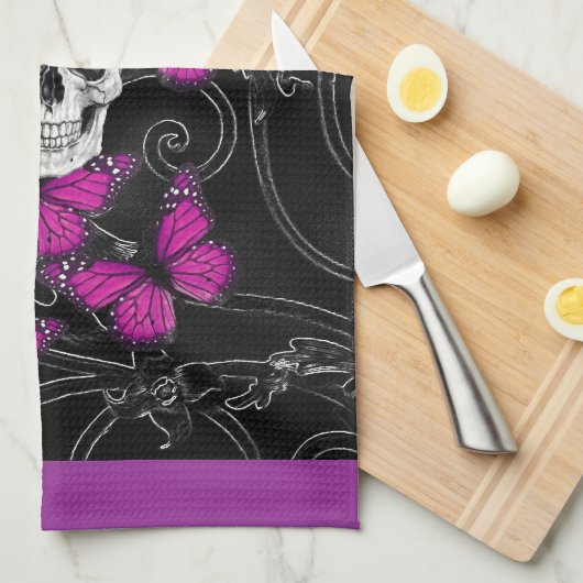 Fantastische schedel en hete roze vlinders theedoek (Quarter Fold)