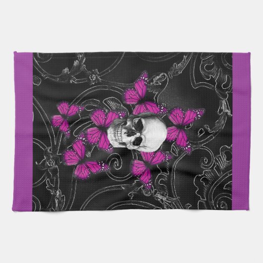 Fantastische schedel en hete roze vlinders theedoek (Horizontaal)