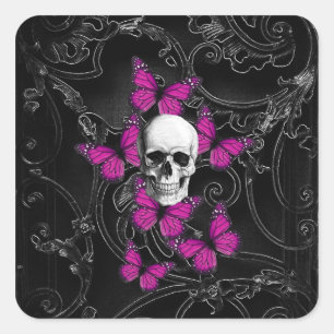 Fantastische schedel en hete roze vlinders vierkante sticker